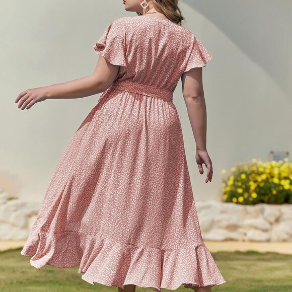 Plus Size Women's Floral Summer Dress Boho Maxi V Neck Short Sleeve - Picture 6 of 7